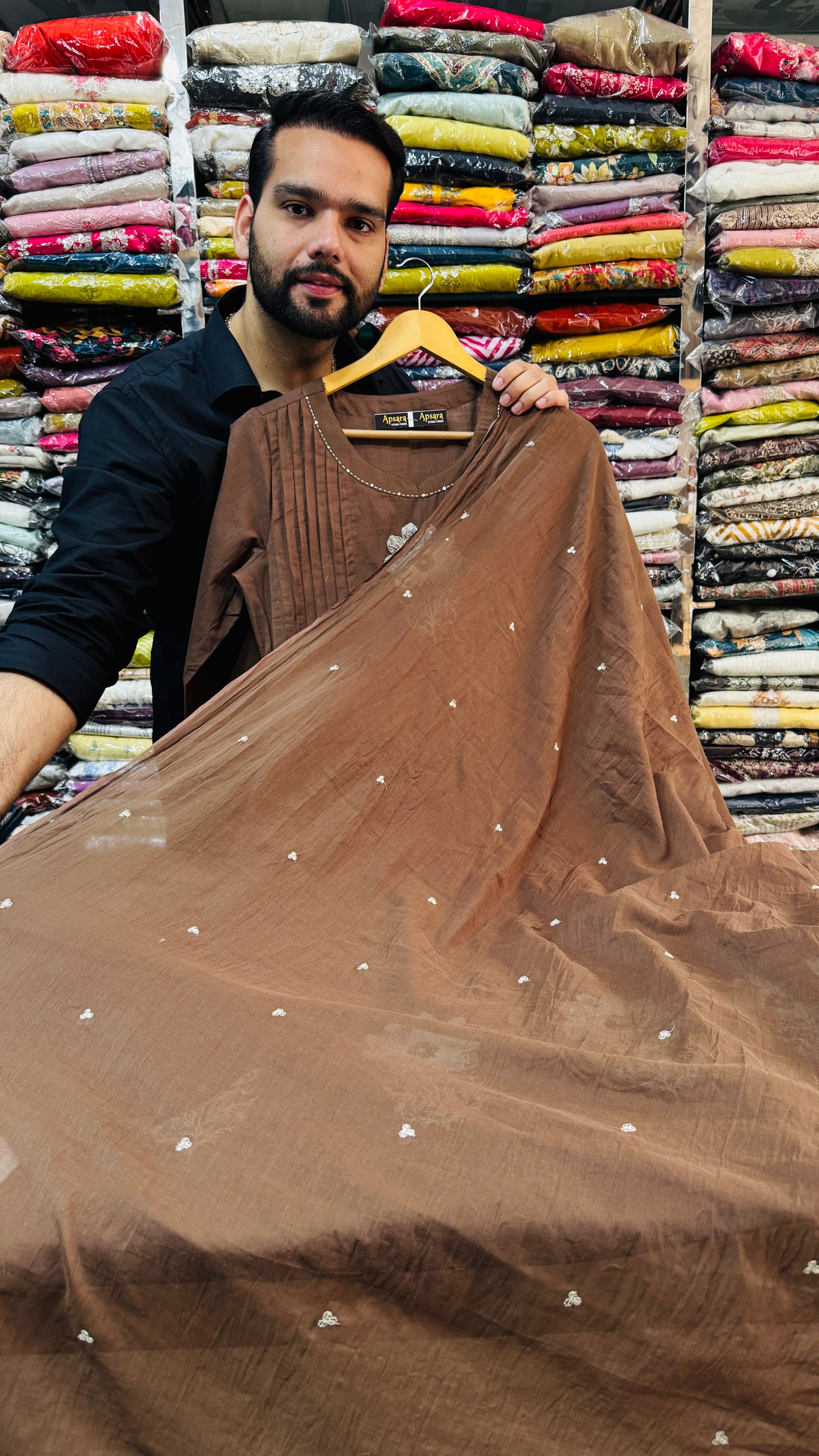 Brown Embroidered 3 Pcs Frok Suit