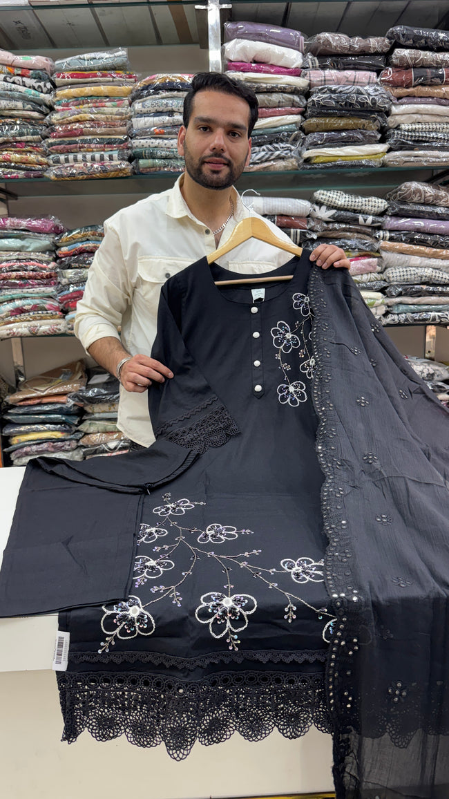 Z Black Stretchable Plazo Suit with Hand Work Hover Image