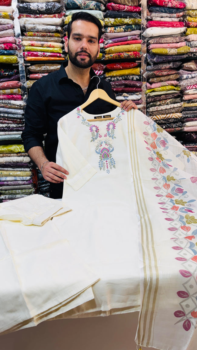 Pure Mull Cotton Off White Plazo Suit Hover Image