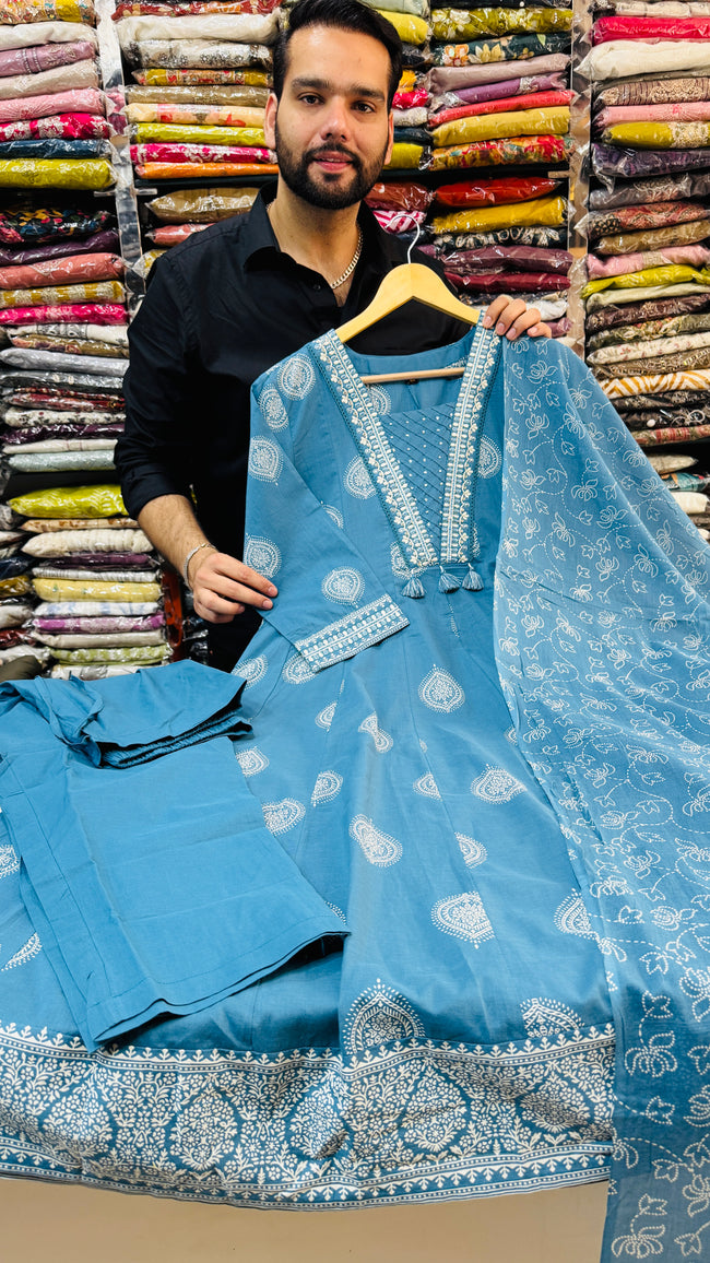 Anarkali | Pure Cotton Blue Frok Suit Hover Image