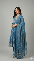 Anarkali | Pure Cotton Dusty Blue Frok Suit