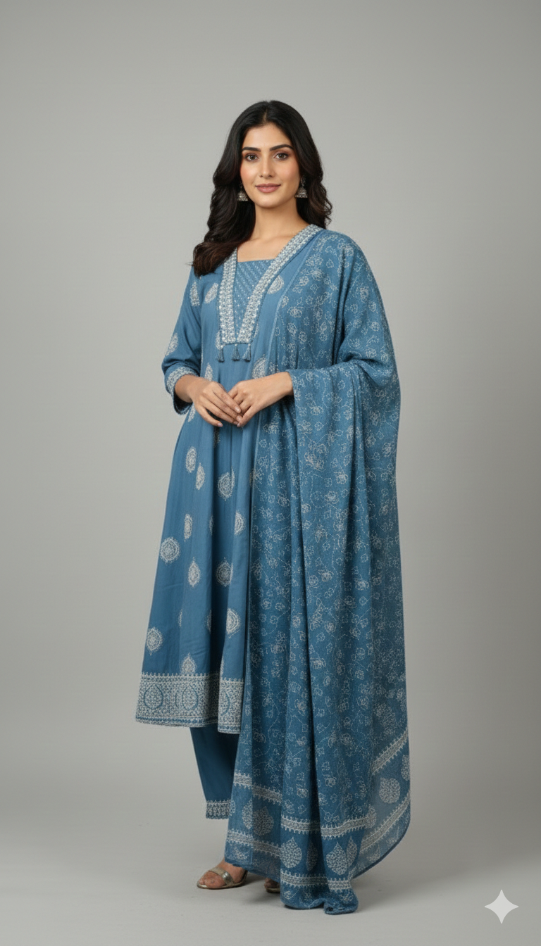 Anarkali | Pure Cotton Dusty Blue Frok Suit