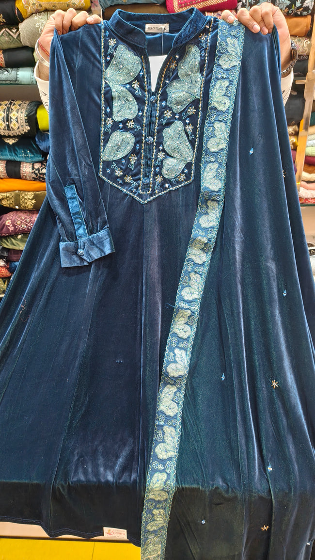 Peacock Blue Valvet Frok Suit Hover Image
