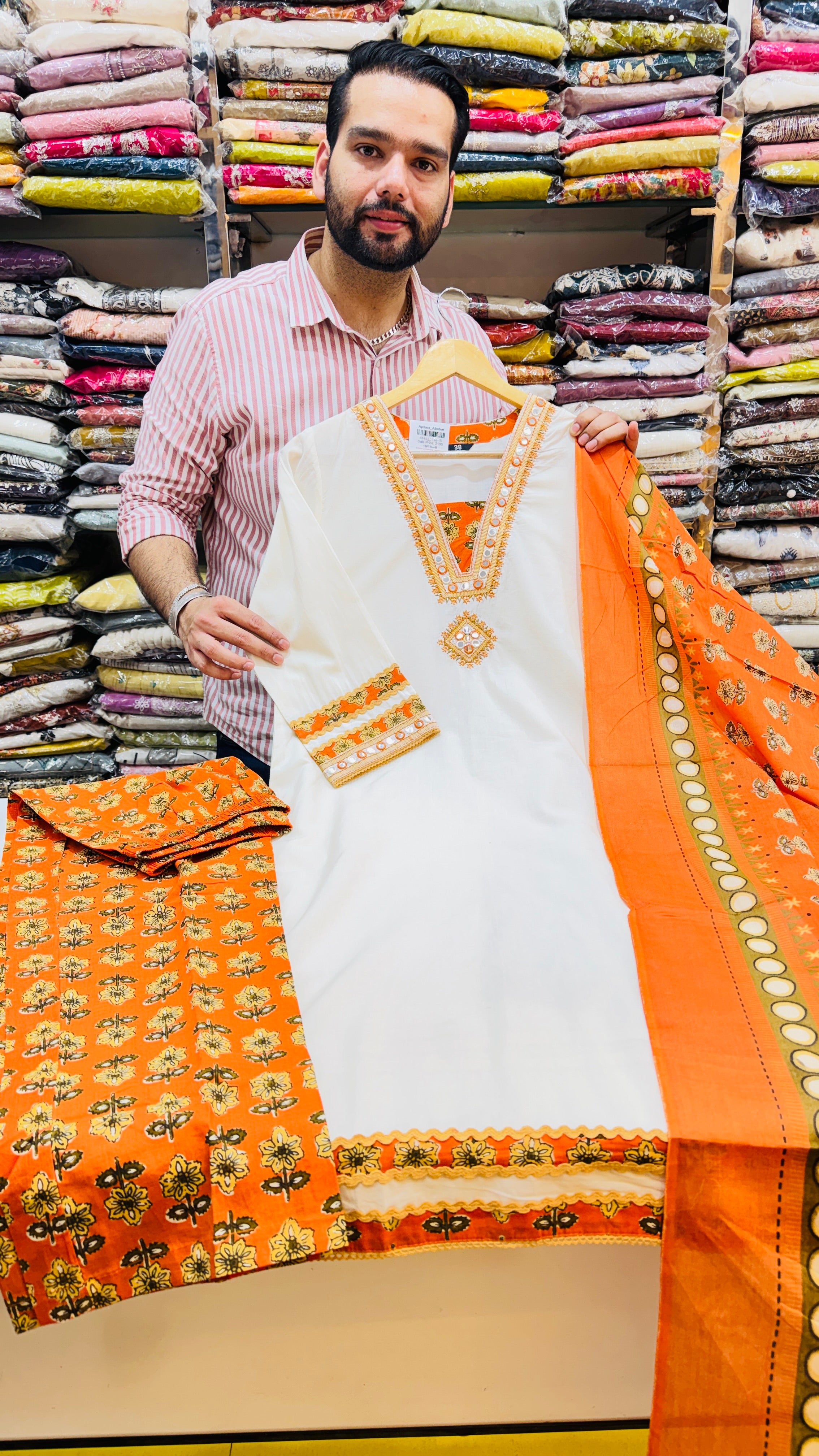 White & Orange Pure Cotton Plazo Suit