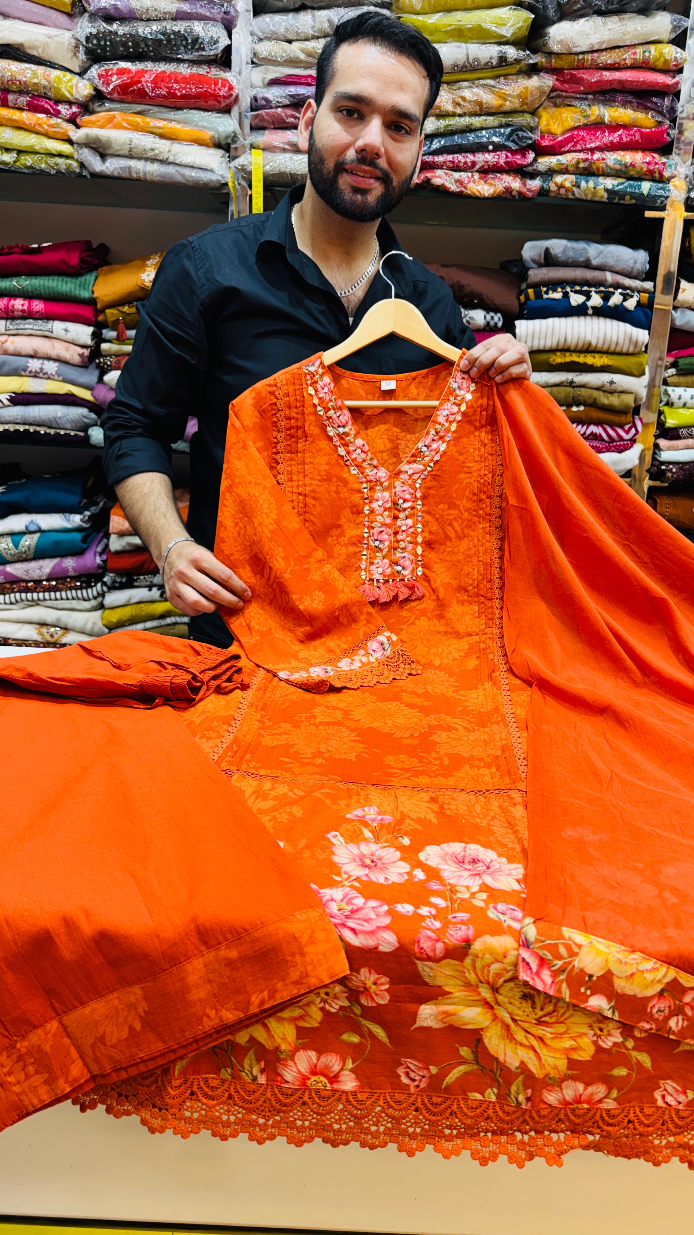 Deep Orange Mull Cotton Plazo Suit