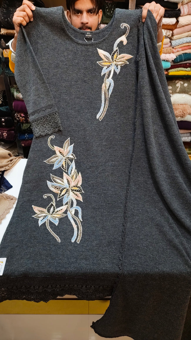 Imported Knitting Grey Woolen Plazo Suit Hover Image