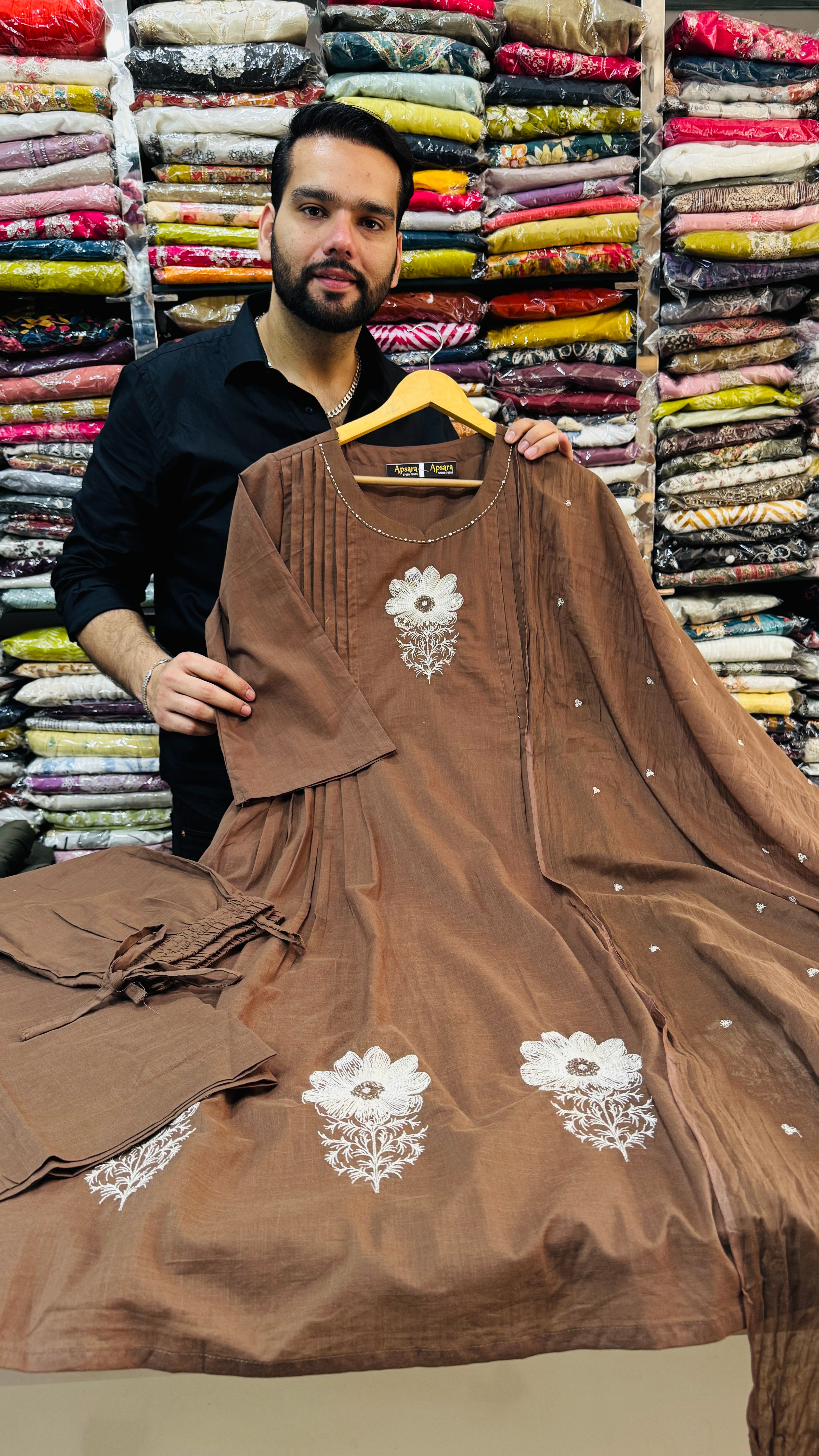 Brown Embroidered 3 Pcs Frok Suit