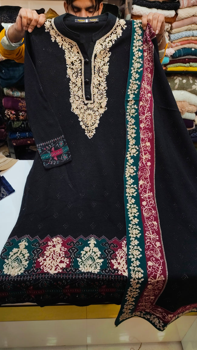 Premium Knitted Woolen Plazo Suit Hover Image